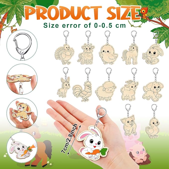 Trnayi 36 Pcs Farm Animal Unfinished Wood Keychain DIY Craft | Farm Animal Wooden Keychain, Color Your Own Unfinished Craft, Blank Wood Painting DIY Craft, for Home Activity Art Project