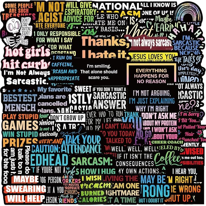 55Pcs Oppose Satire.Stickers - Funny Stickers for Adults with Snarky, Humorous Quotes for Water Bottle, Laptop, Phone, Hard Hat, Bumper, Gifts (Colourful-F3)