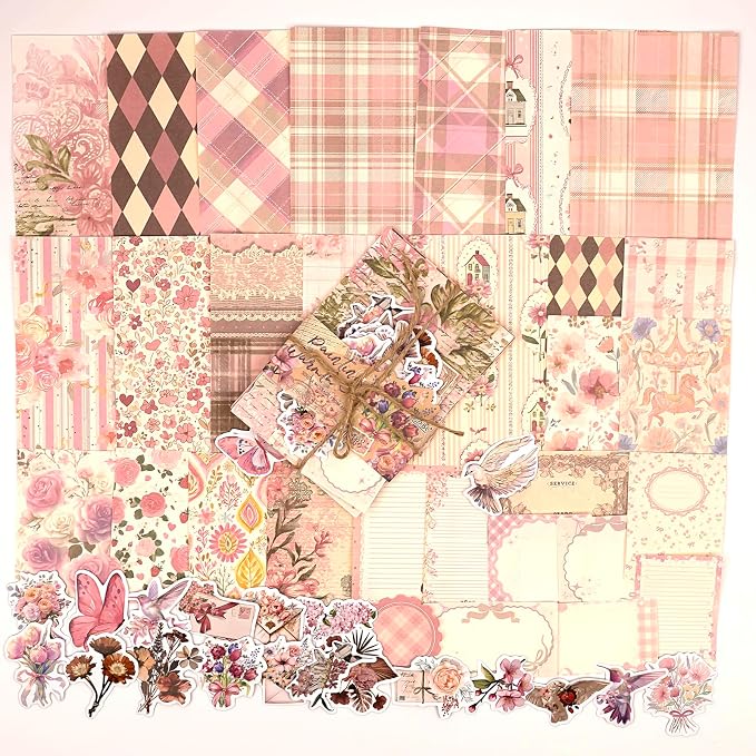 OKUPAN Scrapbook Supplies Kit – 100PCS Vintage Cottagecore Floral Scrapbook Paper & Stickers, 4 Sizes Pastoral Scrapbooking Supplies for Journaling, Card Making & DIY Gifts (Pink)
