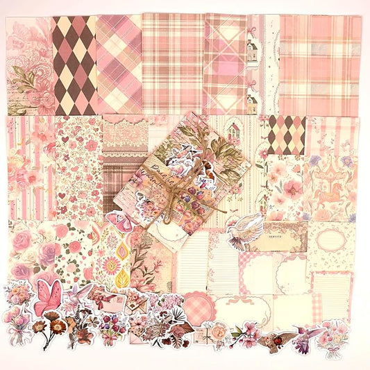 OKUPAN Scrapbook Supplies Kit – 100PCS Vintage Cottagecore Floral Scrapbook Paper & Stickers, 4 Sizes Pastoral Scrapbooking Supplies for Journaling, Card Making & DIY Gifts (Pink)