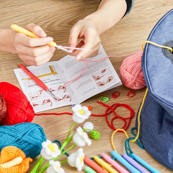 INSCRAFT Crochet Kit for Beginners Adults- Great Knitting Starter Kit for Colorful Craft for Professionals, Make Amigurumi Projects Includes 24 Colors Yarn, Hooks, Instructions, a Durable Bag