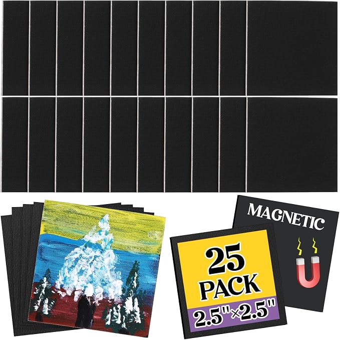 Supervitae 25 Pcs Mini Magnetic Canvas Panel for Painting, 2.5x2.5 Inch Small Canvas Boards with Magnet Square Mini Thin Tile Art DIY Craft Gift for Fridge Locker (Black)