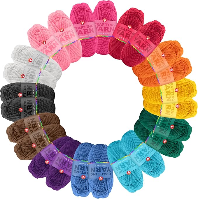 Hygloss Assorted Acrylic Yarn for Crocheting & Hand Knitting – Set of 24 | Classic Colors | CR- 24 Yard Per Skein | Total 288 Yds | Beginner Friendly | Soft Smooth Crochet Yarn #3 Weight DK