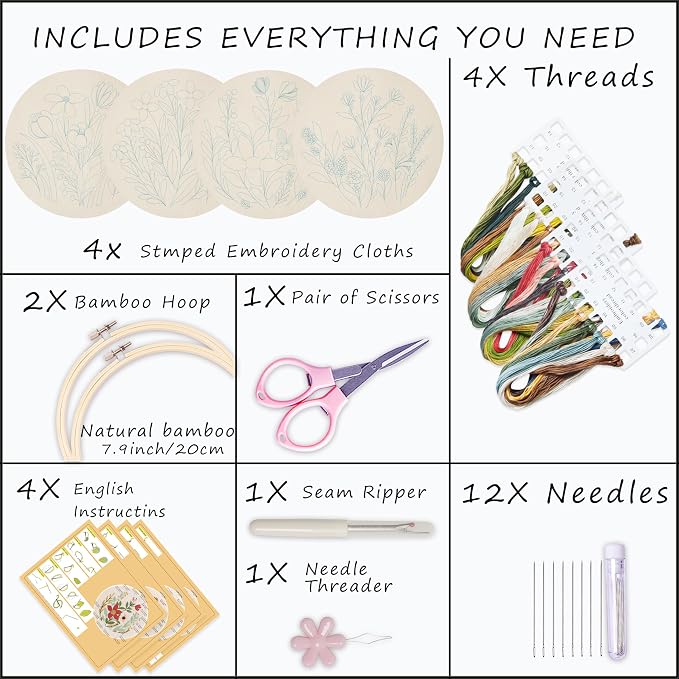 Bonroy 4 Sets Embroidery Set for Beginners, Art Craft, Easy Sewing, Includes Embroidery Clothing, Pattern, Embroidery Hoop, Instruction Manual, Colorful Thread Stitch Set (11)