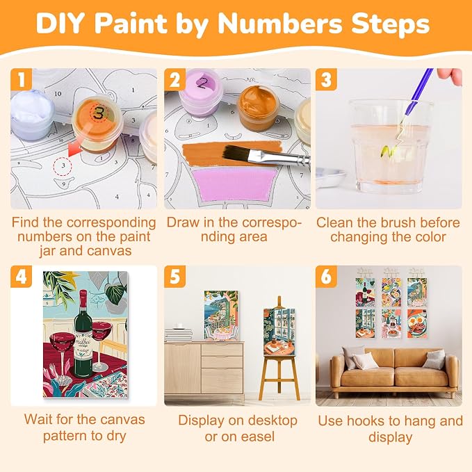 KEYIFA 6 Pack Paint by Numbers Kit, Stretched Canvas Boards for Painting for Adults, No Crease Acrylic Oil Painting for Students Beginners Favor Sip & Paint Party Supplies, Coffee Food Life (8x12)