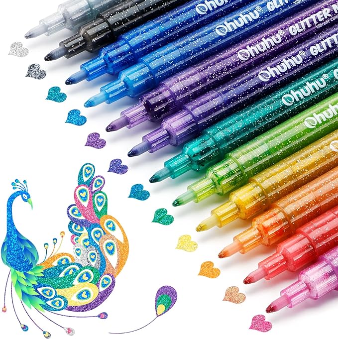Ohuhu Glitter Marker Pens 12 Colors Fine Tip for Painting Coloring Crafts