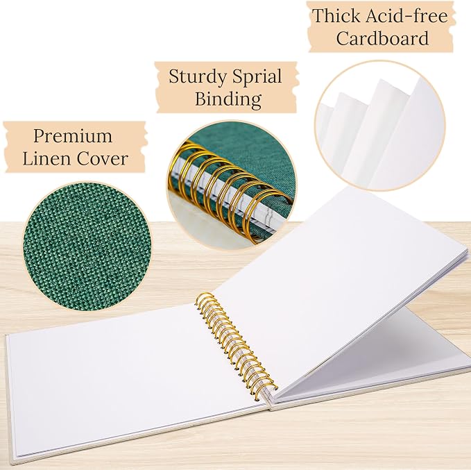 10"x10" Scrapbook Photo Album Linen Cover 20 Sheets 40 Pages White Paper | Green Hardcover Kraft White Pages Memory Book, for Travel Wedding Guest Book Christmas Baby Shower Fits 4x6 & Instant Photos