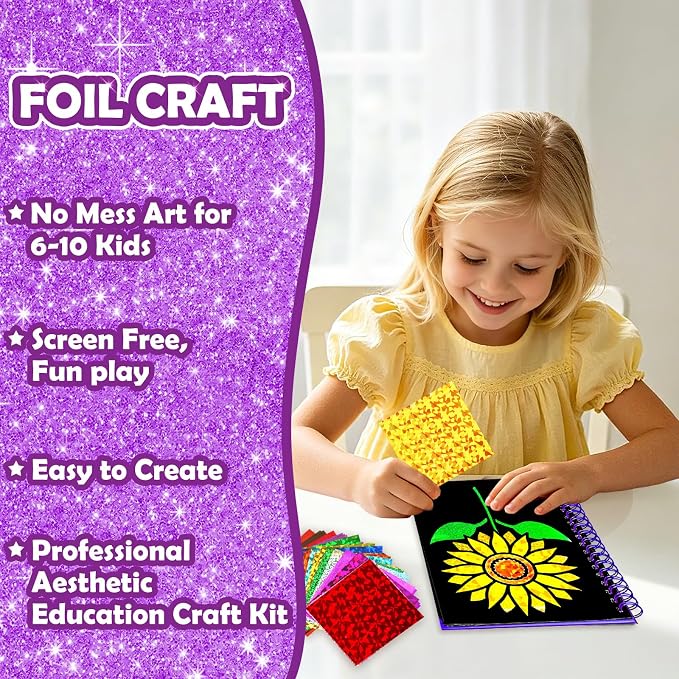 FUNNYB&G Foil Art Craft Kit for Kids, Sparkly Birthday Gift Toy for Girls | No Mess, Kids Ages 4-10 Create Sparkling Artwork, A Creative Gift for Birthdays, Holidays, Travel Activities,Screen-Free Fun
