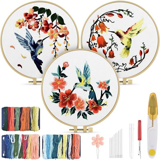 TINDTOP Hummingbird and Flower Embroidery Kit for Adults | Embroidery DIY Starter Kit, with Stamped Patterns, Hoop, Tools, Colorful Threads with Needles, Instructions
