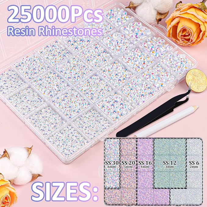 25000Pcs Resin Rhinestones for Crafting, White AB 2-6mm Mixed Sizes Non Hotfix Flatback Gems with 1Pcs Glue, Bedazzling Crystal for DIY Craft Clothing Mugs Tumblers Shoes Fabric Decor Nail Art