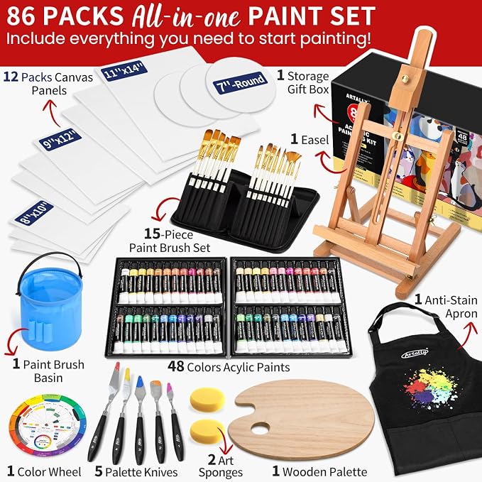 86-Piece Acrylic Painting Kit with Tabletop Easel, 48 Colors Acrylic Paint Set, Paint Brush Set & Case, Brush Basin & Art Apron, Complete Art Supplies Painting Set for Adults, Artists, Beginners