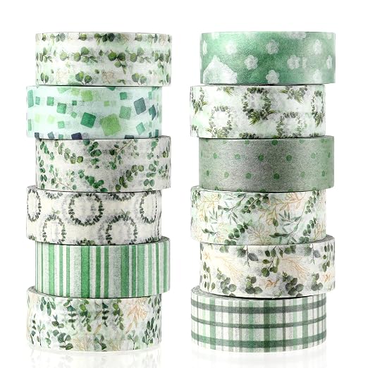 12 Roll Floral Washi Tape Set Flower Decorative Masking Tape for Scrapbook | Green Eucalyptus Leaves Washi Tape Set for Back to School Arts DIY Craft Scrapbook Journal Supplies Gifts