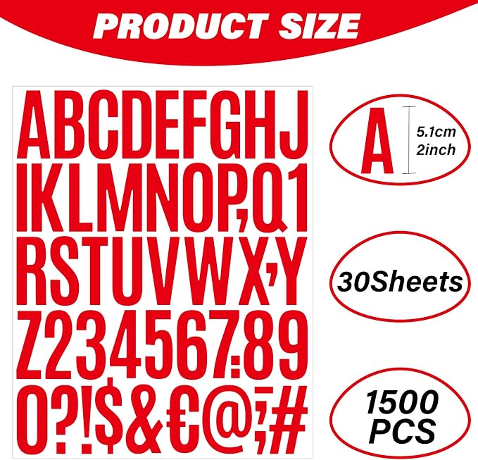 Letter Stickers 30 Sheets 1500 PCS Large 2 Inch Alphabet Stickers, Red