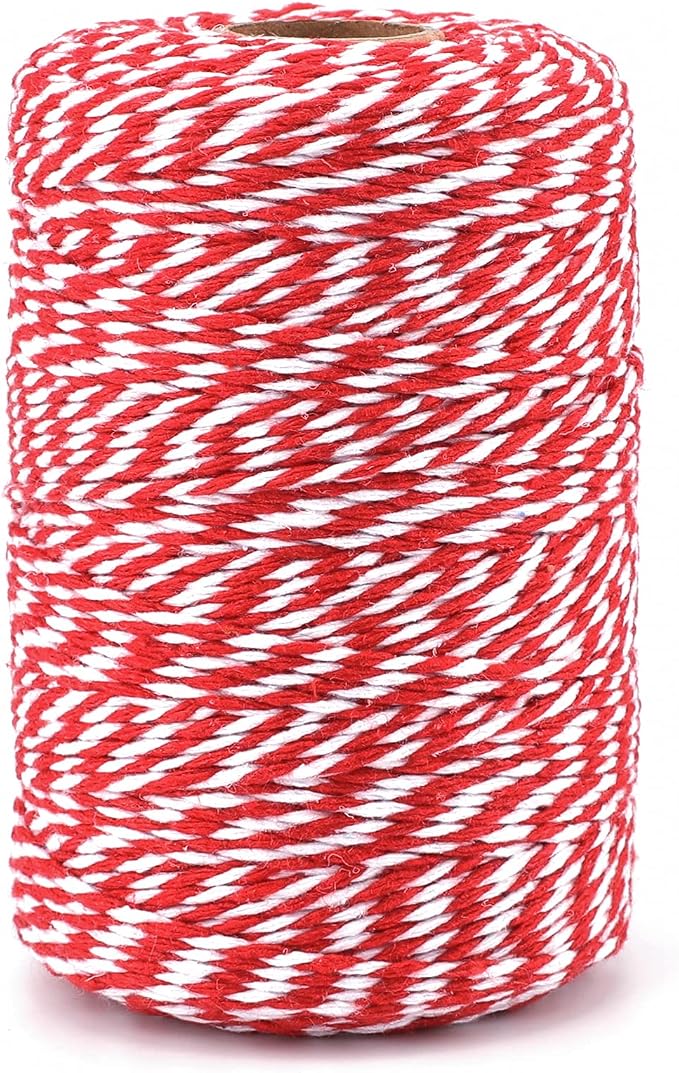 G2PLUS 656 Feet 2MM White and Red Cotton String | Natural Soft and Sturdy,for Christmas Gift Wrapping, DIY Arts and Crafts, Butchers Twine for Baking