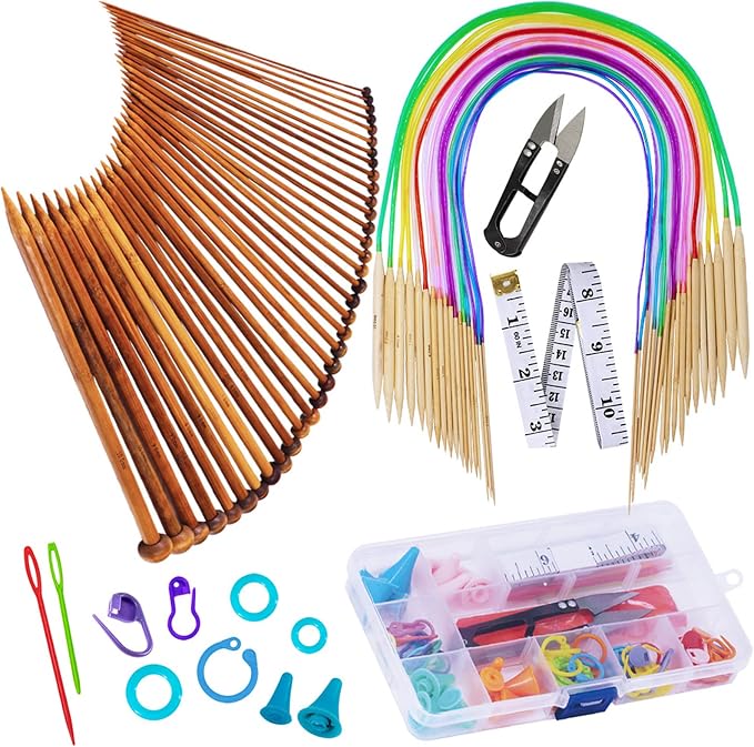 Exquiss Bamboo Knitting Needles Set, 18 Pairs Circular(31.5”) Wooden Knitting Needles with Colored Plastic Tube, 36PCS Single Pointed Bamboo Knitting Needle(9.5”), Include Knitting Tools for Weaving
