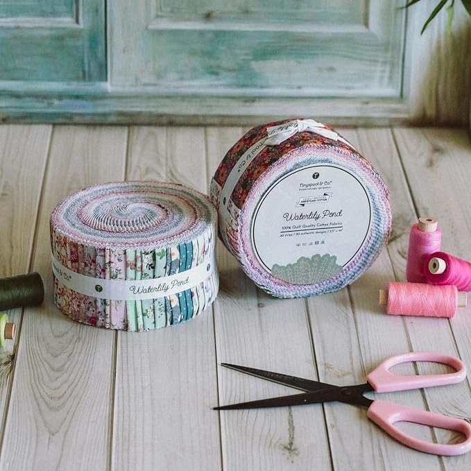 Tinyspool & Co.'s Twirlie Roll 40 Precut Quilting Fabric Strips for Quilting Supplies, Crafting, Sewing, Soft Cotton Strip for Blanket, Rug, Upholstery, Home Decor, and Purse Making, Waterlily Pond