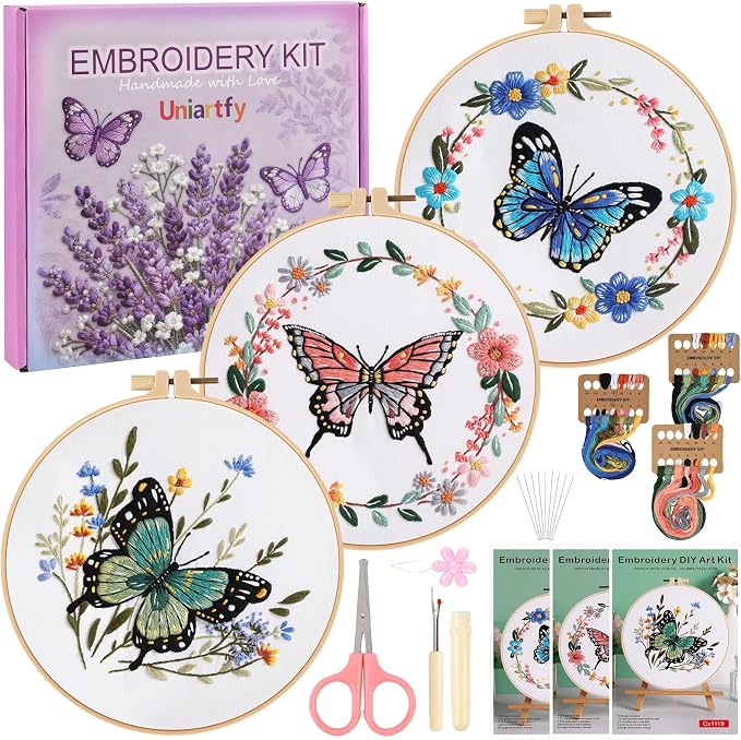 Uniartfy Butterfly Flower Embroidery Kit for Beginners, Cross Stitch Kits