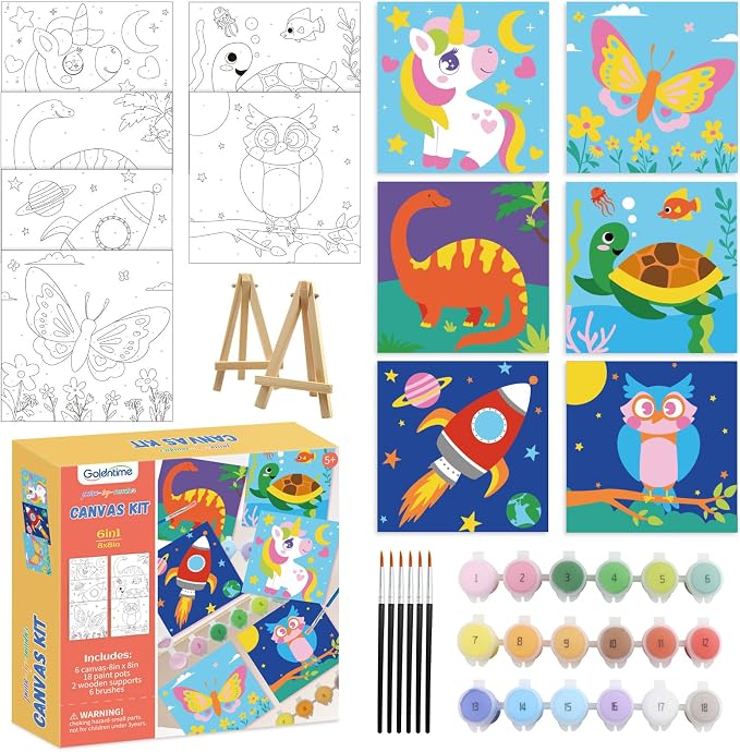 goldentime 6 Pack 8x8inch Paint by Numbers Kit for Kids, Predrawn Canvas for Painting with Unicorn, Butterfly & More, Includes 18 Acrylic Paints, 6 Brushes & Easels, Easy Art Supplies for Kids 4-8-12