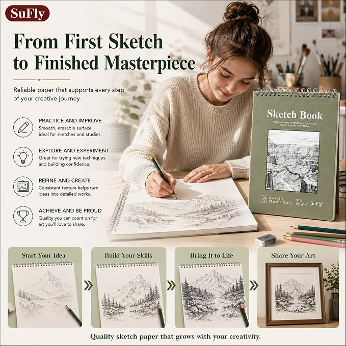 SuFly Sketch Book 9x12, 100-Sheet Drawing Paper Pad, 68lb/100gsm, Acid-Free | Top Spiral Sketchbook, Sketch Pads for Drawing, Art Supplies for Kids & Adults, Art Class Gift for Beginners, Artists & Teens