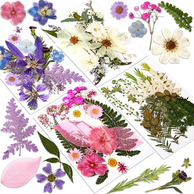 Augshy Dried Pressed Flowers Dry Leaves, 80 Pcs Real Pressed Flowers Leaves for Resin Molds Assorted Pink Blue White Flower for Crafts DIY Jewelry Molds, Scrapbooking, Candle