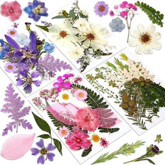 Augshy Dried Pressed Flowers Dry Leaves, 80 Pcs Real Pressed Flowers Leaves for Resin Molds Assorted Pink Blue White Flower for Crafts DIY Jewelry Molds, Scrapbooking, Candle