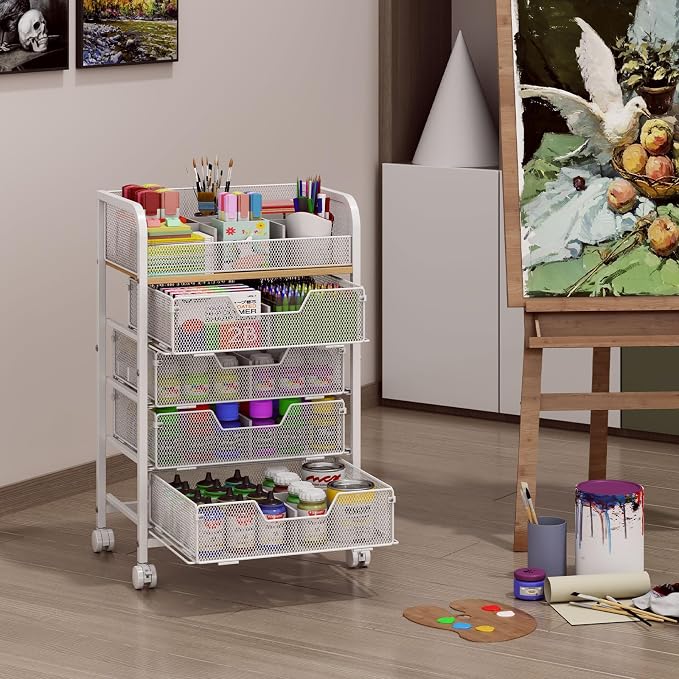 5-Tier Craft Organizer Cart with 5 Sets of DIY Dividers,Craft Organizers and Storage with Drawers,Lockable Wheels Rolling Utility Cart on Wheels,Art Supply Organizer,Ideal for Studio,Office,White