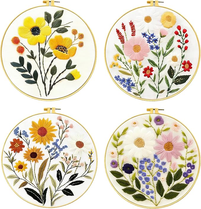 Zhenqing 4-Piece Floral Embroidery Kit for Beginners - Complete Set with Printed Cotton Fabric, Hoop, Threads & Tools (C0155)