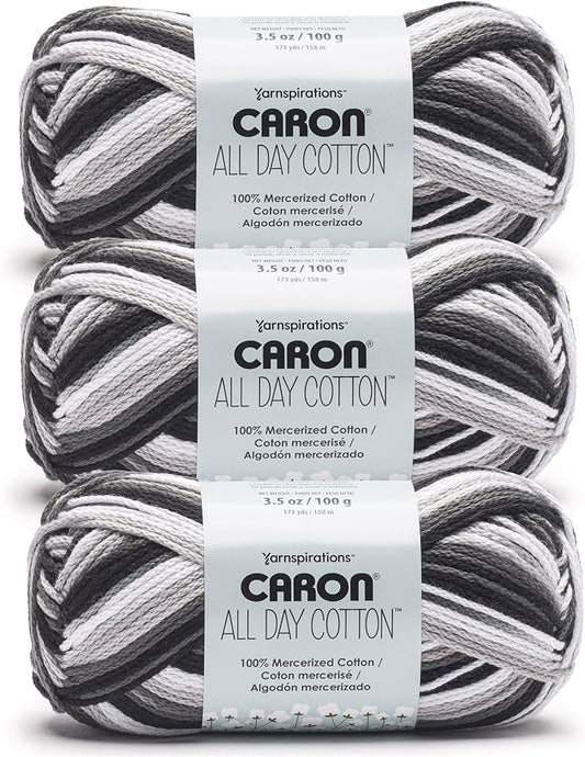 Caron All Day Cotton Prints Yarn for Crocheting, Midnight Storm, 3-Pack | #4 Worsted Yarn, 100% Mercerized Cotton, Soft Crochet Yarn for Knitting, Amigurumi & Crafts, 173yds, 100g/3.5oz per skein