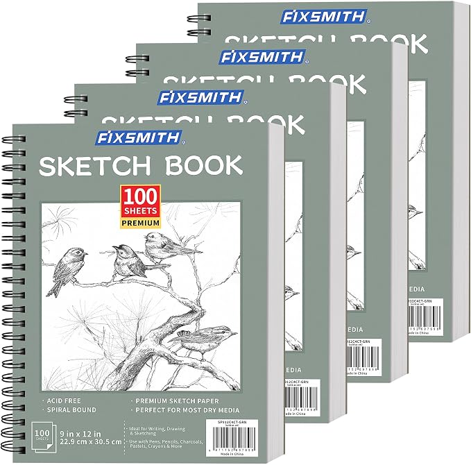 FIXSMITH 9"X12" Sketch Book, 100 Sheets, 68 lb/100gsm, 4 Pack Green | Acid Free Drawing Paper | Spiral Bound Artist Sketch Pad | for Kids, Beginners, Artists & Professionals | Bright White