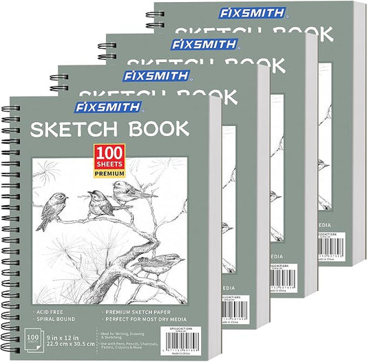 FIXSMITH 9"X12" Sketch Book, 100 Sheets, 68 lb/100gsm, 4 Pack Green | Acid Free Drawing Paper | Spiral Bound Artist Sketch Pad | for Kids, Beginners, Artists & Professionals | Bright White