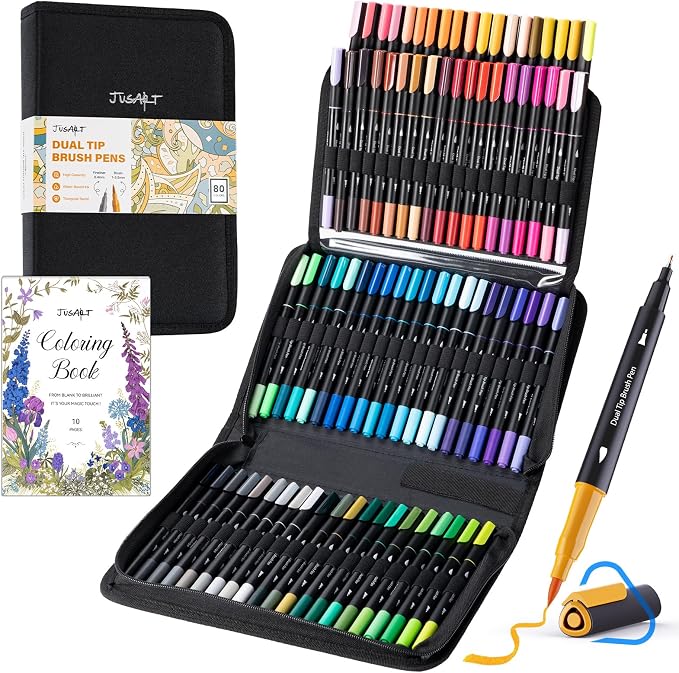 JusArt Markers for Adult Coloring Books No Bleeding 80 Colors | Dual Tip, Triangle Grip, Fine & Brush Tips, Water-Based, 33% More Ink, With 200gsm Coloring Book, Storage Case, 6 Spare Tips