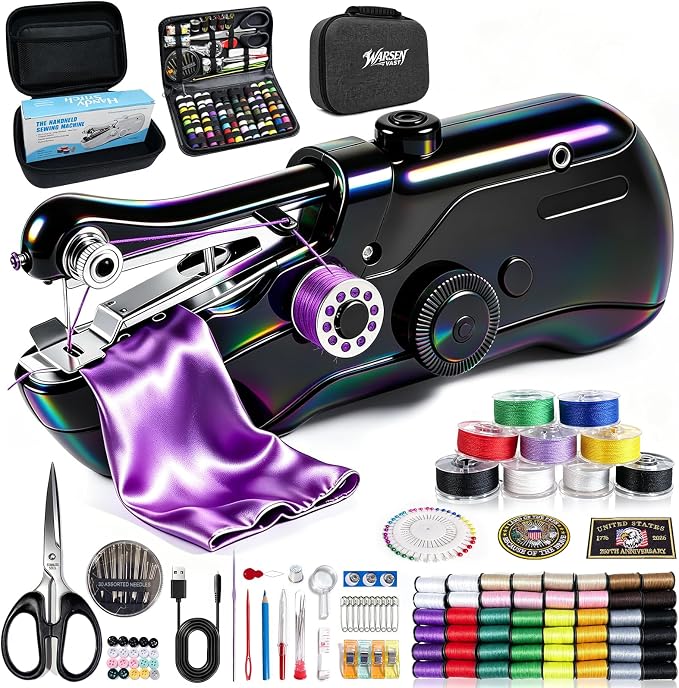 Handheld Sewing Machine, with Black Storage Box & 180 Sewing Kit, Mini Portable SewingMachine for Adults & Beginners, Great for Clothes Fabrics Curtains Home Daily Repair & Travel DIY (White) (Black)