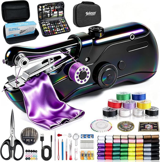 Handheld Sewing Machine, with Black Storage Box & 180 Sewing Kit, Mini Portable SewingMachine for Adults & Beginners, Great for Clothes Fabrics Curtains Home Daily Repair & Travel DIY (White) (Black)