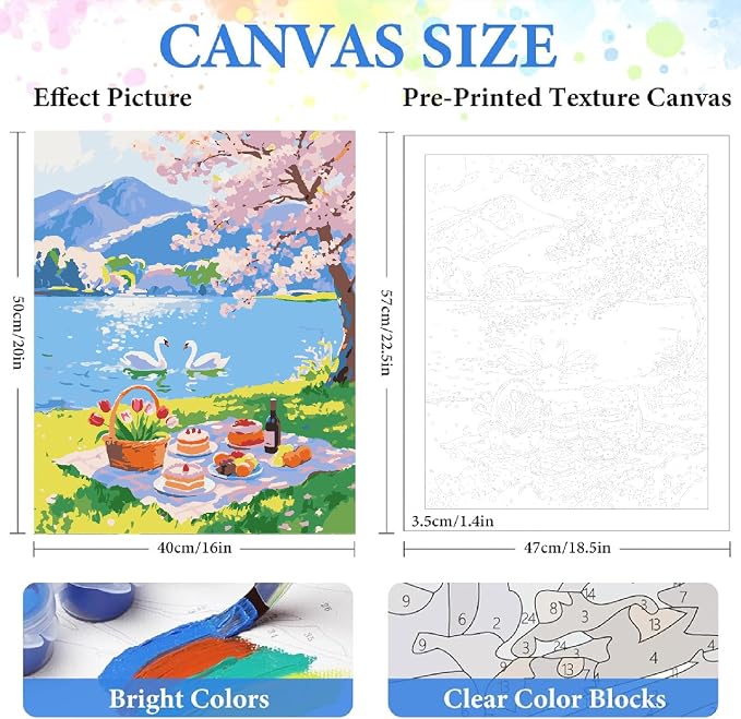 ZRIZQ Landscape Paint by Numbers Kit for Adults Beginner,Picnic,16x20 | Full set with rich paints,wooden brushes,rolled canvas.Calming activity.Beginner friendly.Just open and paint.