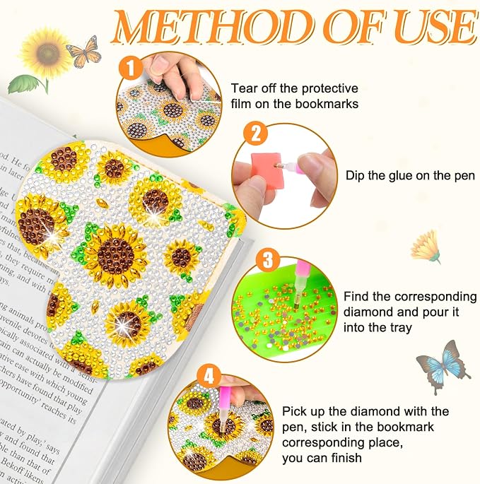 WIVICO 8Pcs Diamond Painting Bookmarks, Diamond Pearl Art Kits for Adults | DIY Bookmark,Diamond Dots Paint By Numbers Kit,Gifts for Book Lovers(Sunflower)