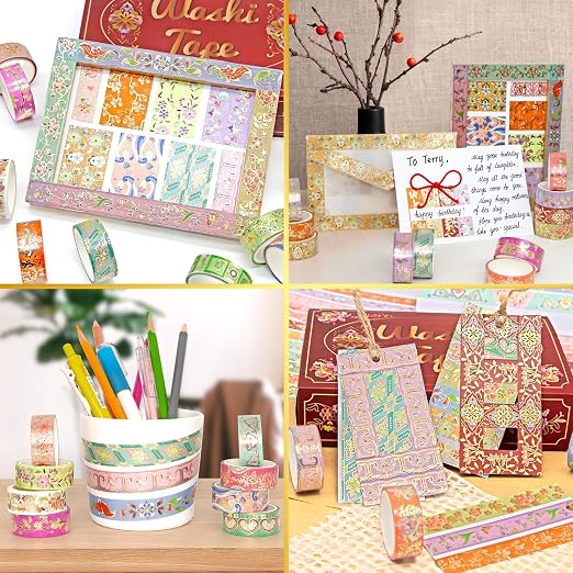 Washi Tape Set 24 Rolls Gold Foil Floral - Gift Box for Scrapbooking