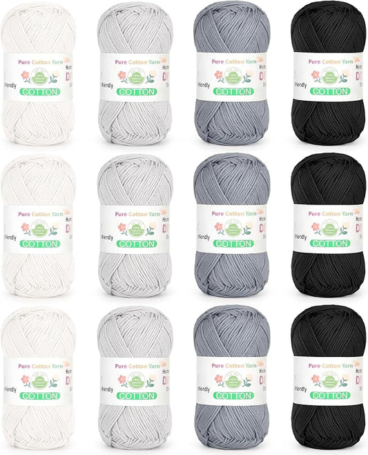 Katech 1OO% Cotton Yarn for Crocheting & Knitting–Baby Cotton Yarn (E) | 12-Color of 137 Yards/1.76 oz Sport Weight CYC #2-Soft & Breathable-Ideal for Dishcloths, Baby Clothes, Potholders & Crafts