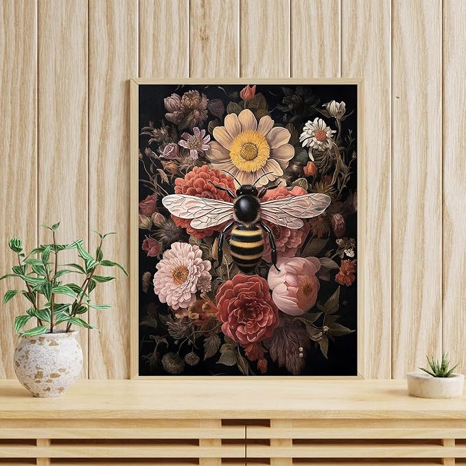mrpwnle Diamond Art Kits for Adults Bee Diamond Painting Kit for Beginners | Bee Flowers Diamond Art Kits for Adults Beginner DIY Round Full Drill Gem Art Crafts Kit for Home Wall Decor Gifts 12x16inch