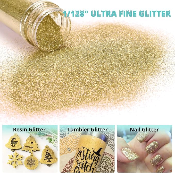 HTVRONT Light Gold Glitter for Crafts and Arts -1.7oz/50g Fine Glitter | Craft Glitter for Resin, Jewelry, Keychains, Candle Making, Paint, Slime Add Ins, Cosmetic Glitter for Nail Face