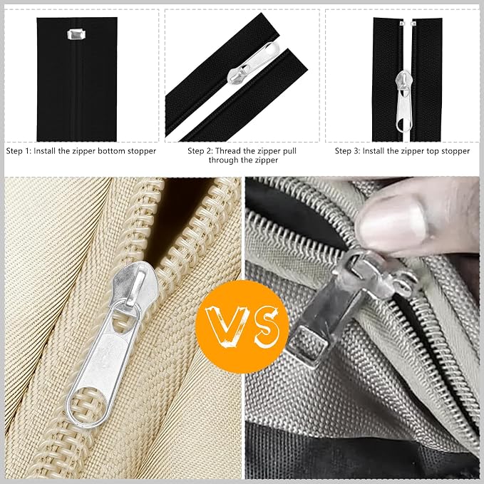 DOITEM 20Pcs Silver Zipper Repair Kit Zippers Replacement 5# Zipper Pull Rescue Kit for Clothing Jackets Purses Luggage Backpacks