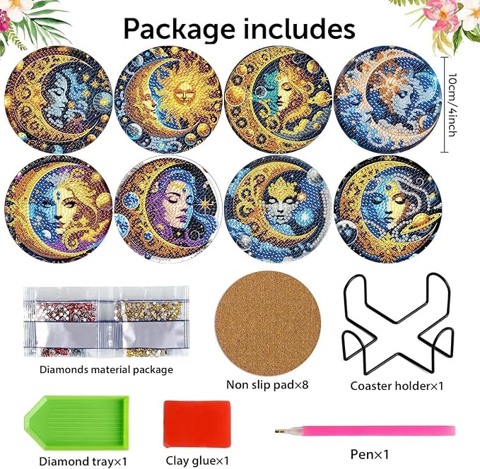 mrpwnle 8 Pcs Diamond Art Coasters Kits, Moon Diamond Painting Coasters Kit
