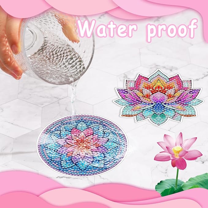 UPINS 8Pcs Lotus Diamond Art Painting Coasters Kits with Holder, Diamond Art Non Slip Coaster Kits DIY with Holder Crafts for Adults Diamond Art Painting Kits Supplies for Holiday Gift
