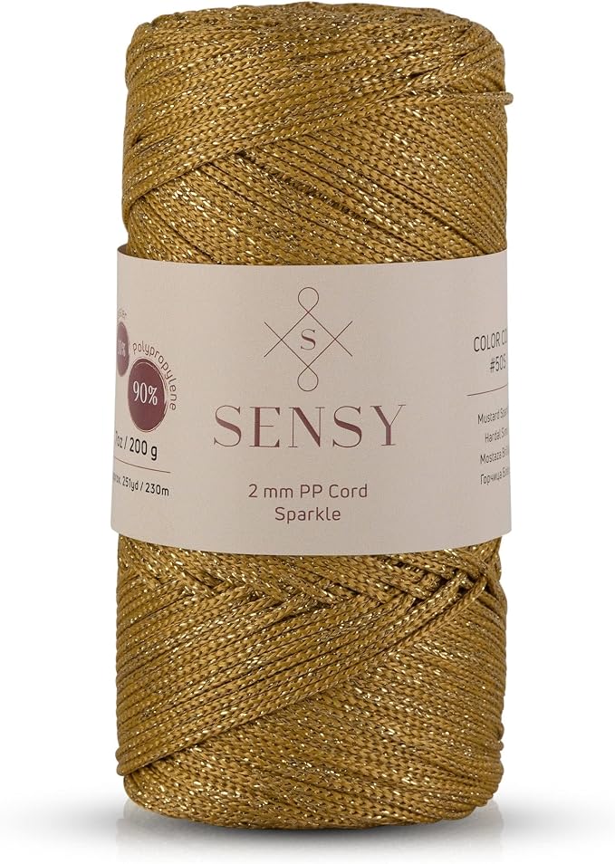 S Sensy 2mm - Premium Polypropylene Macrame Cord, Mustard Sparkle 252 Yards