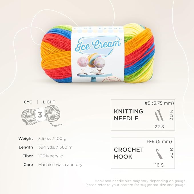 Lion Brand Yarn, Ice Cream Crochet Yarn, Hokey Pokey, Multicolor, 1 Pack