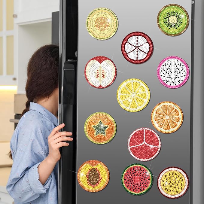 Zonon 12 Pcs Fruit Diamond Art Magnets Kit for Adults Fridge Home Decor | DIY Diamond Painting Arts Craft, Crystal Rhinestone Art, Magnetic Fruit Slice Designs, Easy Fridge Kitchen Decor