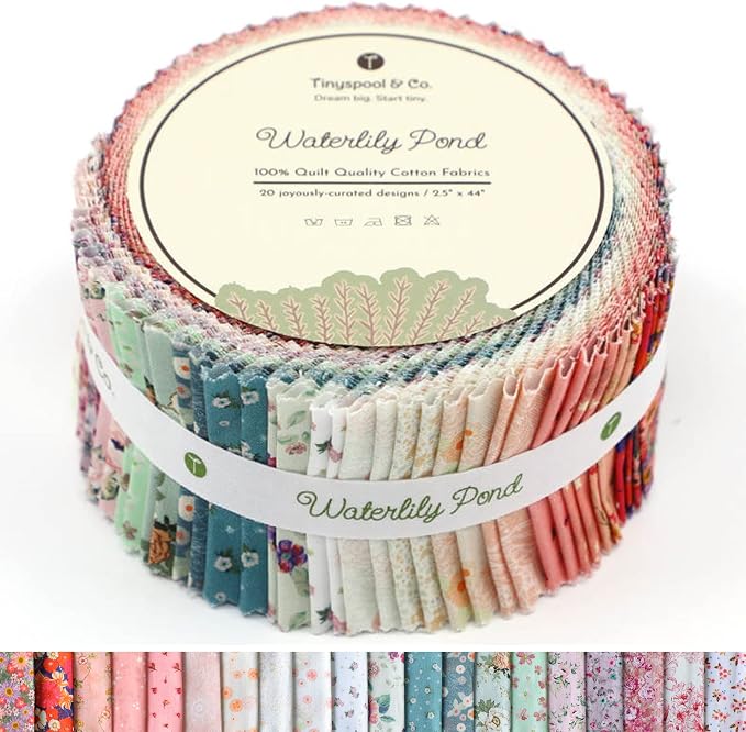 Tinyspool & Co.'s Twirlie Roll 40 Precut Quilting Fabric Strips for Quilting Supplies, Crafting, Sewing, Soft Cotton Strip for Blanket, Rug, Upholstery, Home Decor, and Purse Making, Waterlily Pond