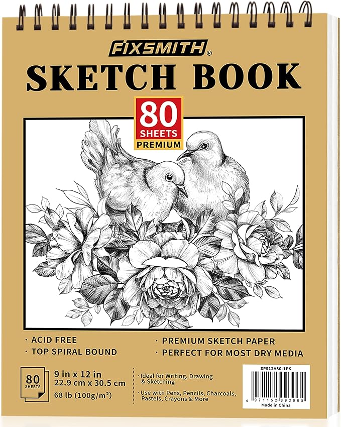 FIXSMITH 9"X12" Sketch Book, 100 Sheets, 68 lb/100gsm Sketchbook | Acid Free Drawing Paper | Top Bound Artist Sketch Pad | for Kids, Beginners, Artists & Professionals | Bright White