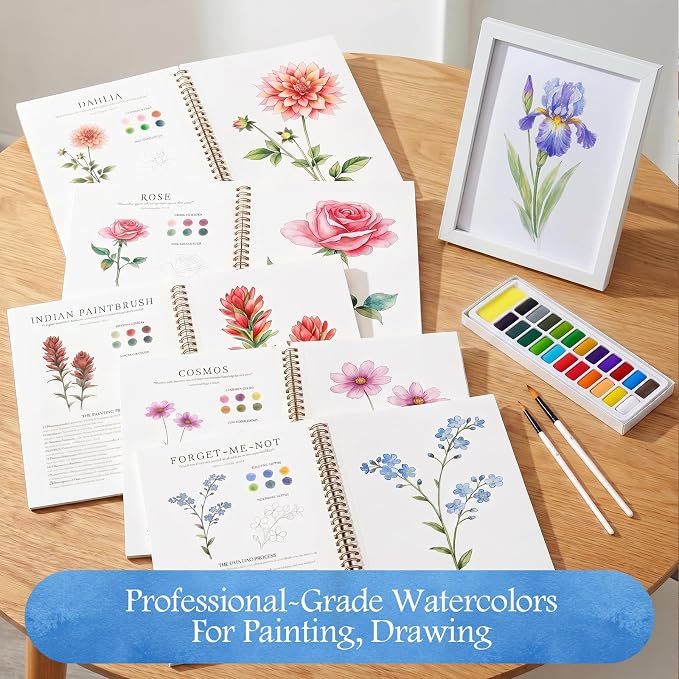 Watercolor Workbook for Beginners,18 Floral Water Coloring Book with 2 Frame,Relaxing & Easy to Paint Water Coloring Book with 24 Colors-Perfect for Gifting to Creativity & Joy for Adults