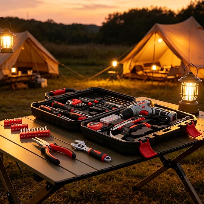 CARTMAN 150-Piece 8V Cordless Drill Hand Tool Set, Red Household Repair Kit | All-Inclusive Tool Assortment With 8V Drill, Great For Home Upkeep, DIY Crafting And Daily Household Fixes