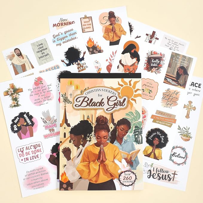 260+ Christian Stickers for Black Girls, Waterproof Vinyl Religious Bible Verse Sticker Book for Water Bottle Laptop Scrapbook Journaling Planner, Bible Study Prayer Vision Board Supplies for Women